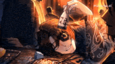a man with a tattoo on his arm is laying on a table holding a bottle that says pixverse ai