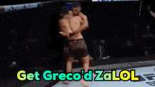 two men are fighting in a boxing ring with the words get greco 'd za lol written on the bottom