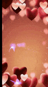 a butterfly is flying through a bunch of hearts on a pink background .