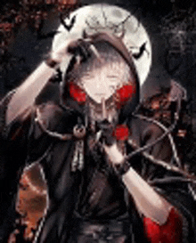 a man in a hooded jacket is standing in front of a full moon holding a gun .