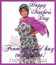 a happy mother 's day card with a woman in a purple dress holding a bag .
