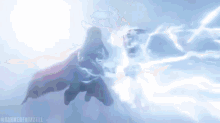 a superhero is flying through the air holding a hammer in his hand