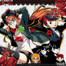 a collage of anime characters with roses and picmix written in the corner