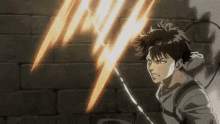 a man is standing in front of a brick wall with a lightning bolt coming out of his head .