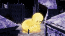 a man is standing next to a giant yellow baby in a video game .