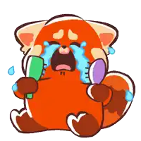 a cartoon red panda is crying while holding a brush