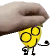 a hand is holding a yellow cartoon character with a face and arms .