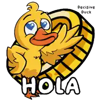 a cartoon of a yellow duck with the words hola below it
