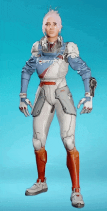 a woman in a futuristic costume with the word rift on her chest