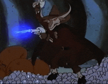 a cartoon character in a cowboy hat is holding a gun