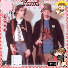 a couple of men standing next to each other with yaoi written on the top