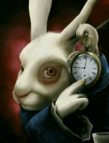 a white rabbit is holding a pocket watch with roman numerals on it and looking at it