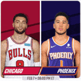 a chicago bulls and a phoenix suns basketball game is scheduled for feb 7 at 8:00 pm et