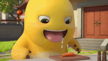 a yellow cartoon character is eating a carrot