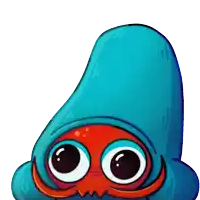 a cartoon drawing of a blue squid with big eyes