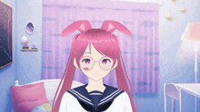 a girl with pink hair and glasses is standing in a room