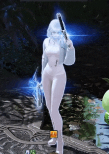 a woman in a white outfit is holding a sword