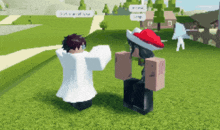 two roblox characters are standing next to each other in a grassy field