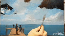 a painting of people walking on a pier is made in animatica