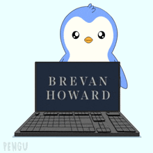 a cartoon penguin is sitting in front of a laptop that says brevan howard