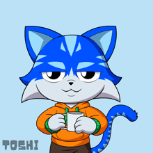 a cartoon drawing of a blue cat holding a cup with the name toshi written below it