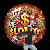 a man is dancing in front of a sign that says lotto