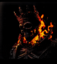 a skeleton with a crown on his head is surrounded by flames