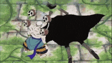 a cartoon of a man standing next to a black ostrich in a forest .