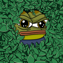 a cartoon frog is hiding in a bush with leaves