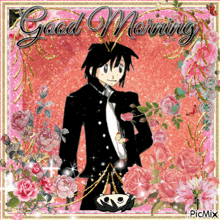 a picture of a man in a suit and tie with the words good morning written on it