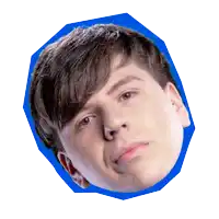 a man 's face is cut out of a blue circle