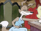 a cartoon fox is wearing a blue dress and standing next to a red fox .