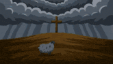 a pixel art of a sheep and a cross with the words he restoreth my soul