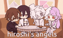 a group of anime characters sitting around a table with hiroshi 's angels written in the corner