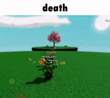 a person is standing in a grassy field with a cherry blossom tree in the background in a video game .