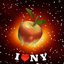 an apple with a green leaf and the words i love ny