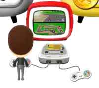 a cartoon character is playing a video game on a console