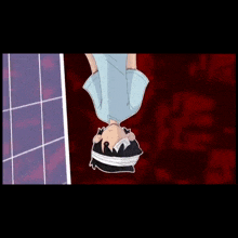 a cartoon of a person hanging upside down with a bandage around their neck