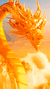 a golden dragon is flying through the clouds with a blue sky in the background