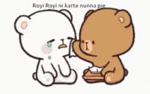 two teddy bears are sitting next to each other and one is crying while the other is holding a piece of paper .