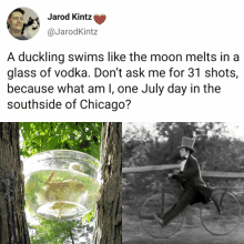a picture of a duckling swimming in a glass of vodka