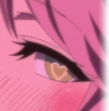a close up of a pink anime girl 's eye with a heart in it .