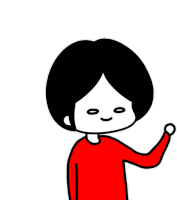 a cartoon character with black hair and a red shirt is raising his hands in the air