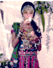 a woman in a colorful dress is holding a lit match in her hand