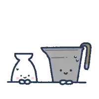 a cartoon drawing of a vase and a measuring cup with faces