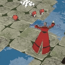 a cartoon character in a red coat is standing in front of a river