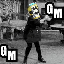 a black and white photo of a person dancing with the letters gm on the bottom