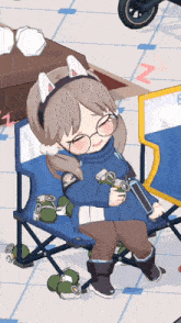 a girl with cat ears is sitting in a chair holding a book