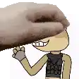 a cartoon character is smiling while a hand is covering his face .
