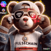 a teddy bear wearing a pulsechain shirt and sunglasses